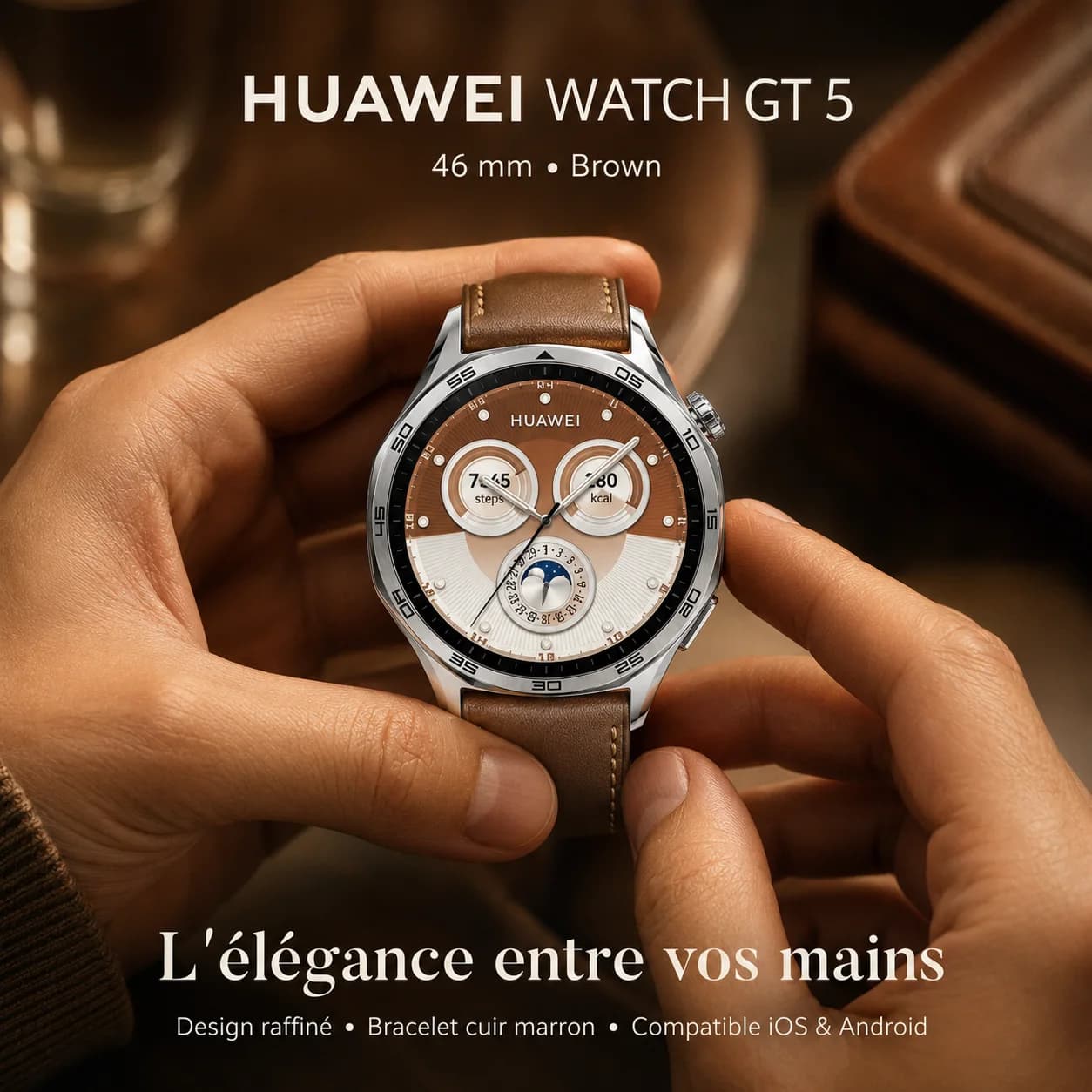HUAWEI Watch GT 5 46mm — Montre Connectée Bracelet Cuir Marron, AMOLED, Appels Bluetooth
