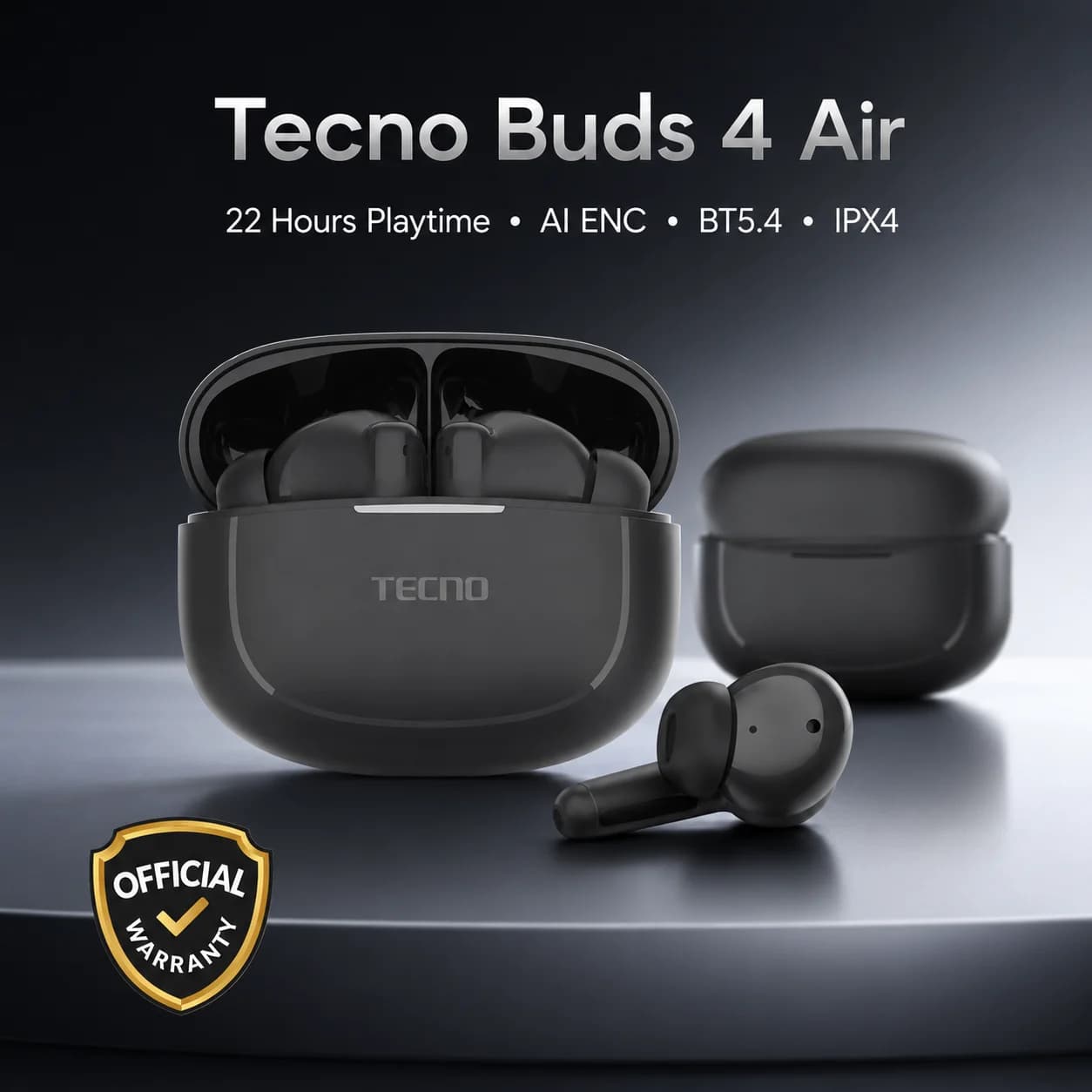 TECNO Buds 4 Air — Écouteurs Sans Fil TWS Bluetooth 5.4, AI ENC, IPX4, Noir