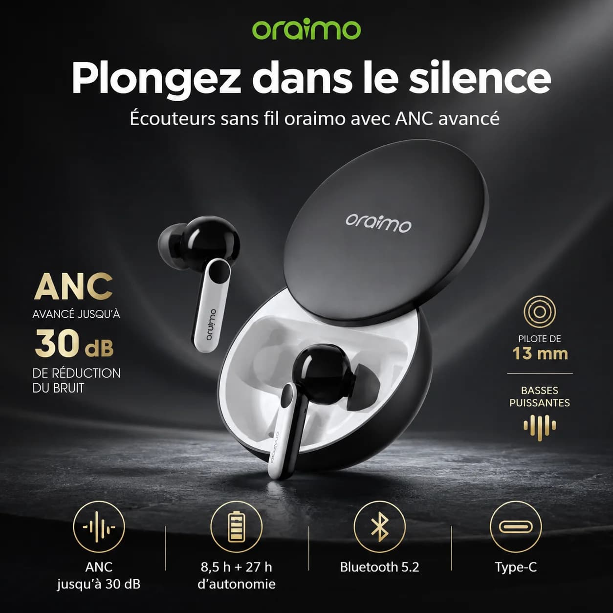 Oraimo FreePods 4 — Écouteurs Sans Fil True Wireless ANC, Bluetooth 5.2, Type-C, Noir
