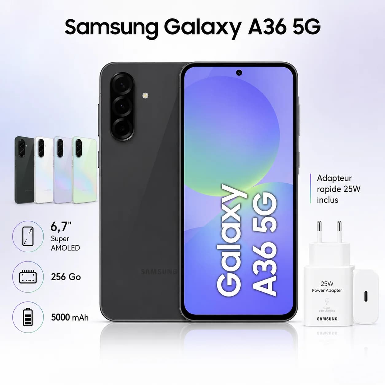 Samsung Galaxy A36 5G — 8 Go / 256 Go, Super AMOLED 6.7" 120Hz, 50MP, 5000mAh + Chargeur 25W, Noir