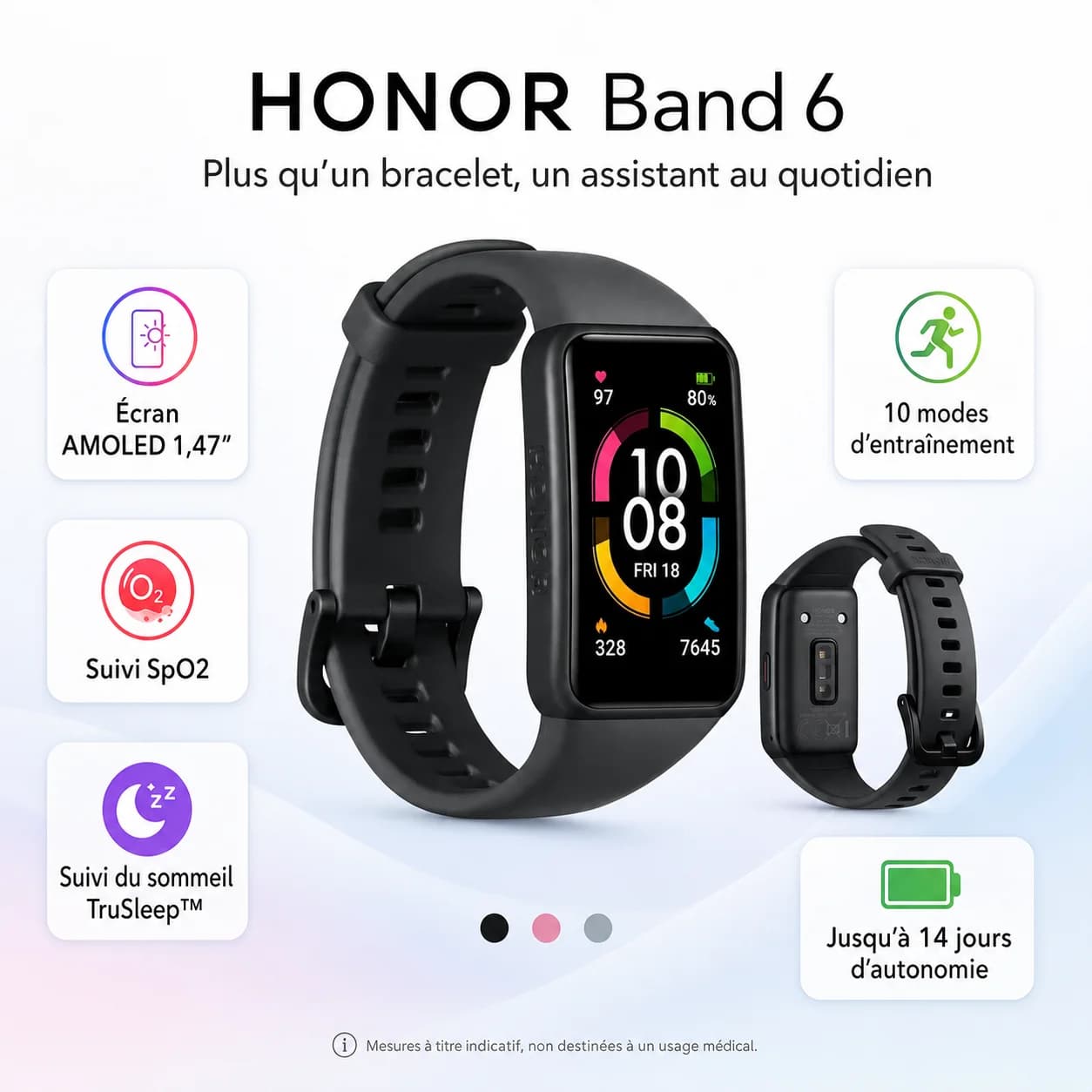 HONOR Band 6 — Bracelet Connecté AMOLED 1.47", SpO2, Cardio 24h, 14 Jours d'Autonomie, Noir