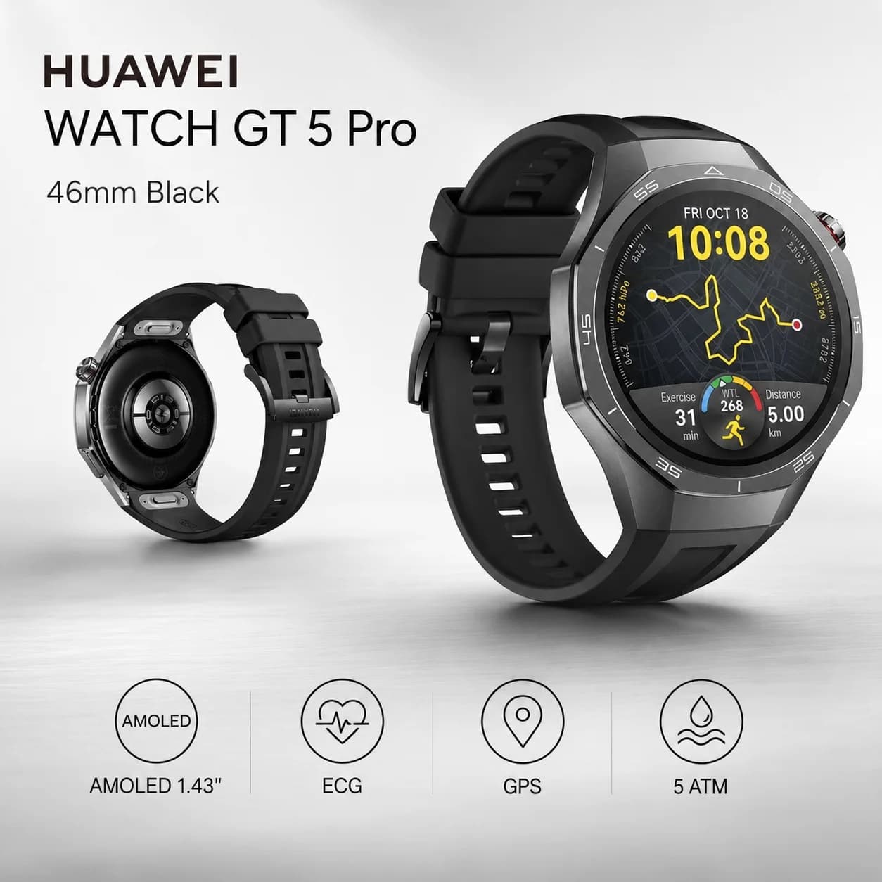 HUAWEI Watch GT 5 Pro 46mm — Montre Connectée Titane, AMOLED, ECG, Plongée 40m, Noir