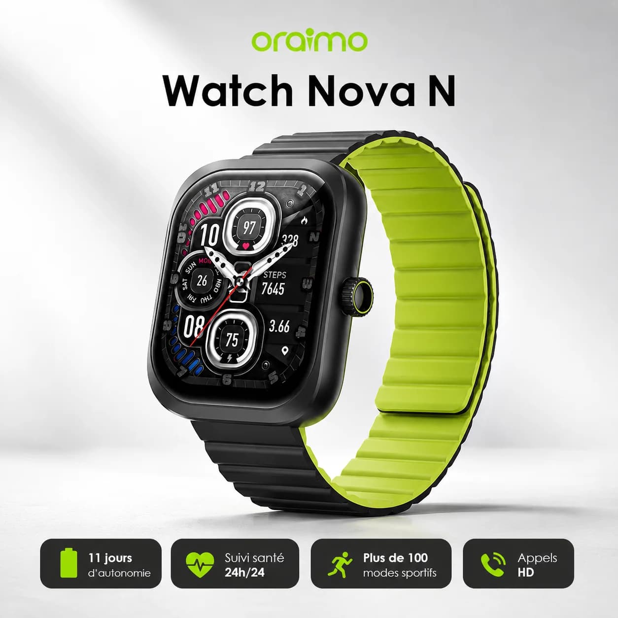 Oraimo Watch Nova N — Montre Connectée AMOLED 2.04", Appels HD, IP68, 11 Jours, 2 Bracelets, Noir/Vert