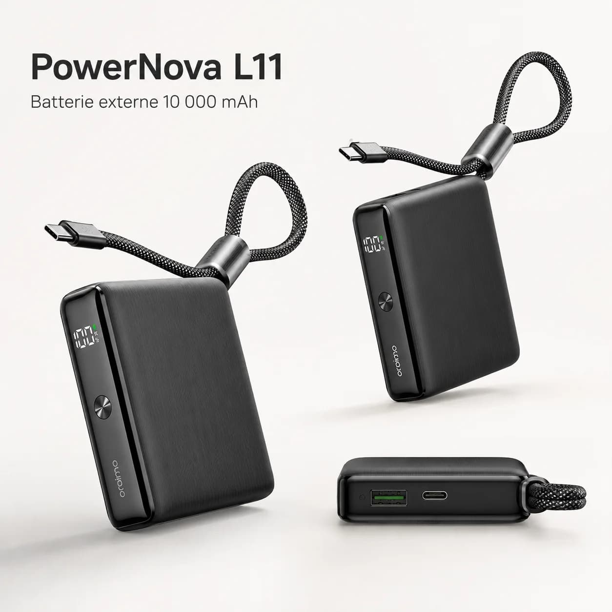 Oraimo PowerNova L11 — Power Bank 10000mAh 22,5W, Câble Intégré, Écran LED, 3 Sorties, Noir