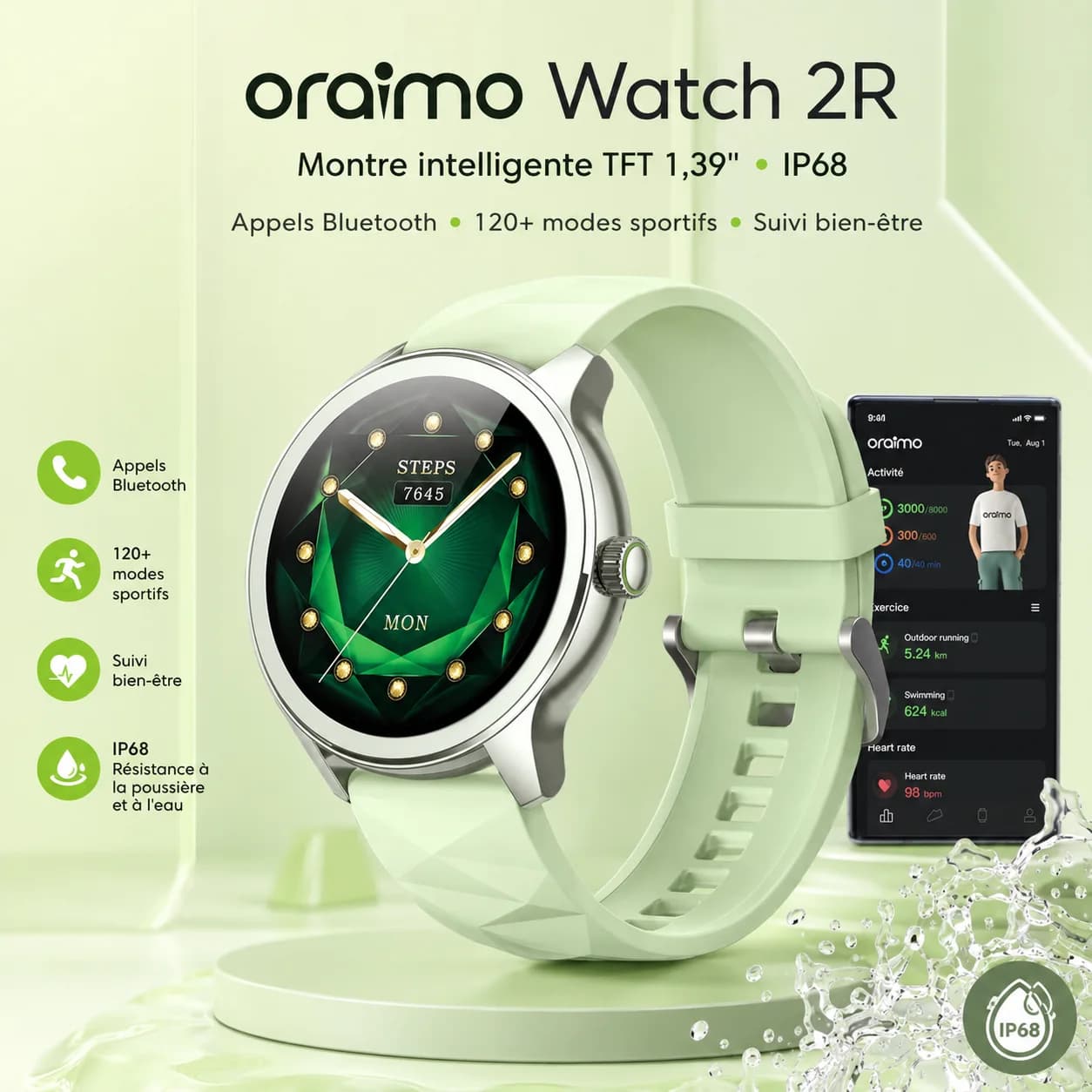 Oraimo Watch 2R — Montre Connectée Écran 1.39", Appels Bluetooth, 120 Modes Sport, IP68, 7 Jours, Vert