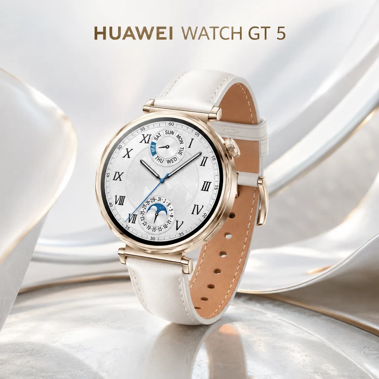 HUAWEI Watch GT 5 41mm — Montre Connectée Femme Bracelet Cuir Blanc, AMOLED, Appels Bluetooth, Or