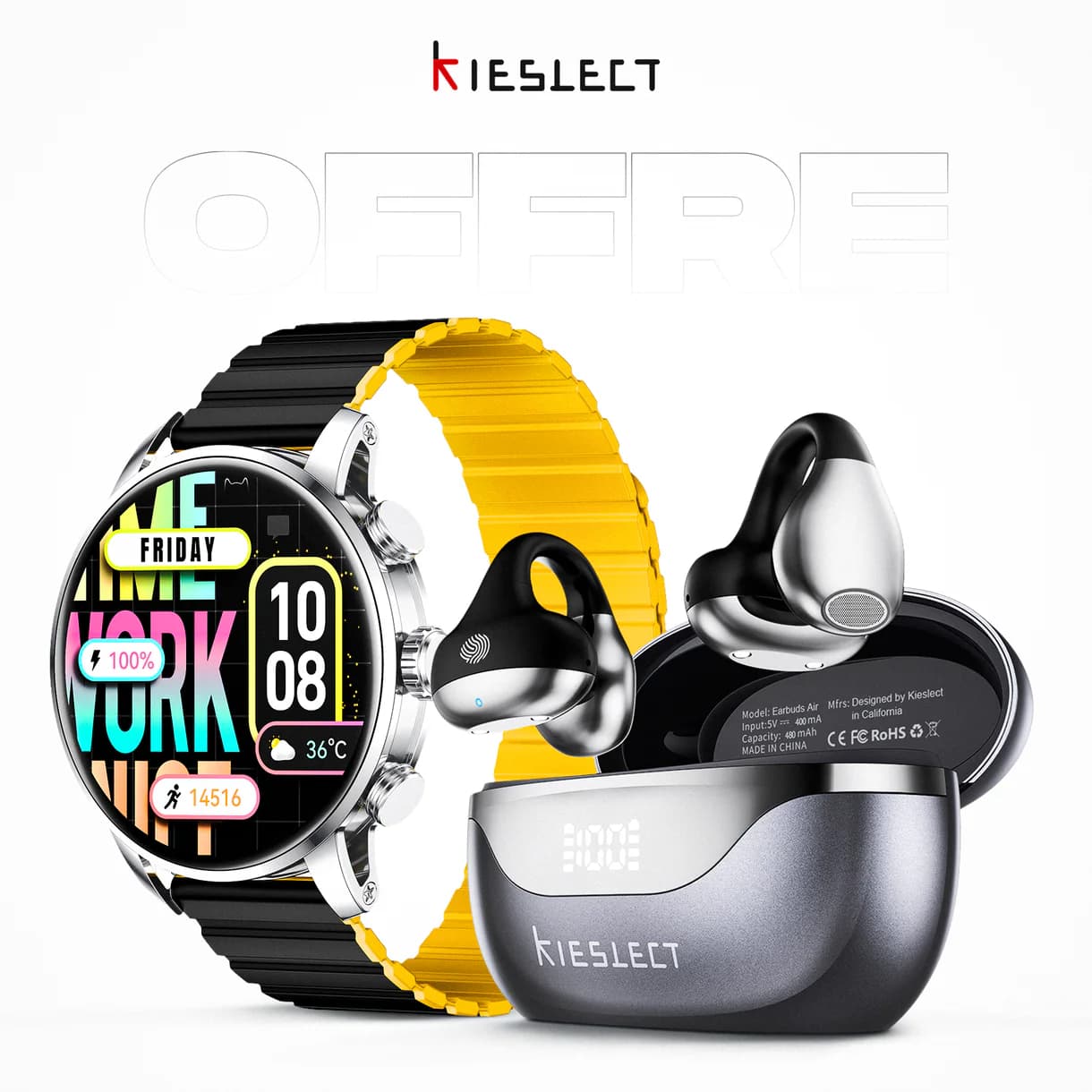Pack Kieslect Kr2 — Montre Connectée AMOLED Appels + Écouteurs Open-Ear (Offre)