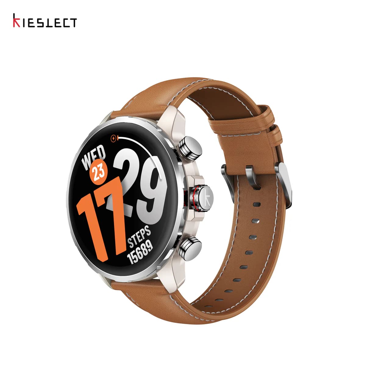 Kieslect Kr3 Gold — Montre Connectée AMOLED 1.5" GPS Bracelet Cuir Marron, Appels Bluetooth, 5ATM